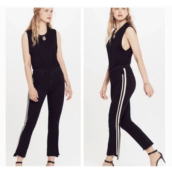 MOTHER DENIM THE INSIDER CROP STEP FRAY JEANS GUILTY RACER SIDE STRIPE 24 BLACK